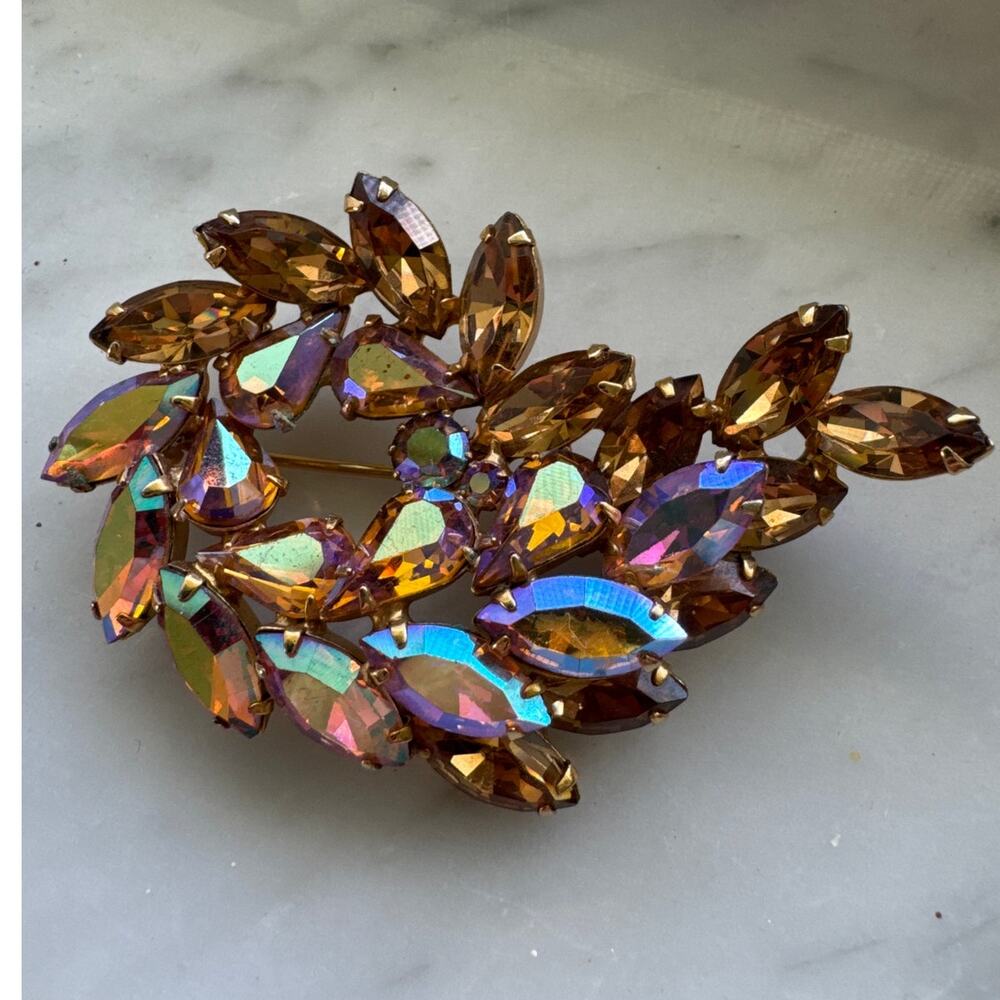 3“ x 2“ Iridescent Aurora Borealis and Gold Marquis Shaped Gems Brooch